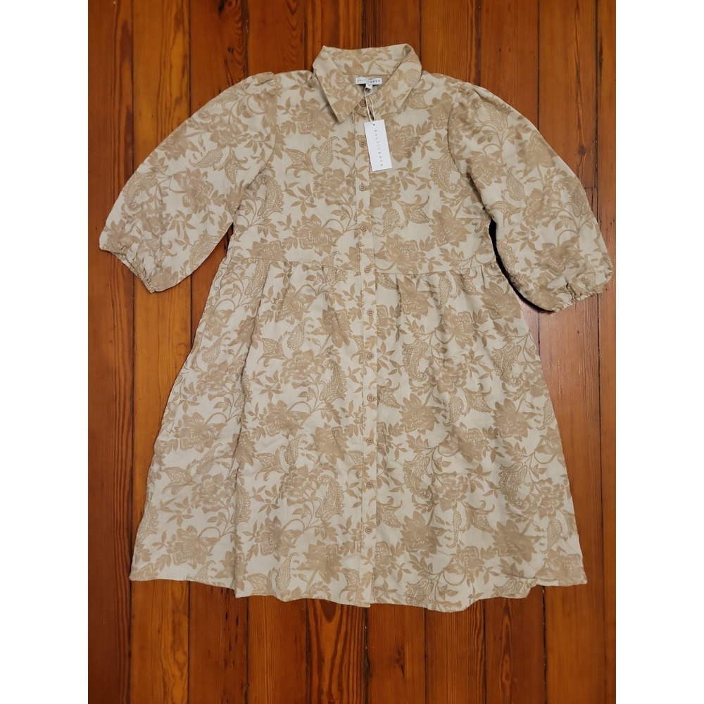 Baltic Born Dakota Babydoll Dress Womens M Effortless Boho Taupe Print Button